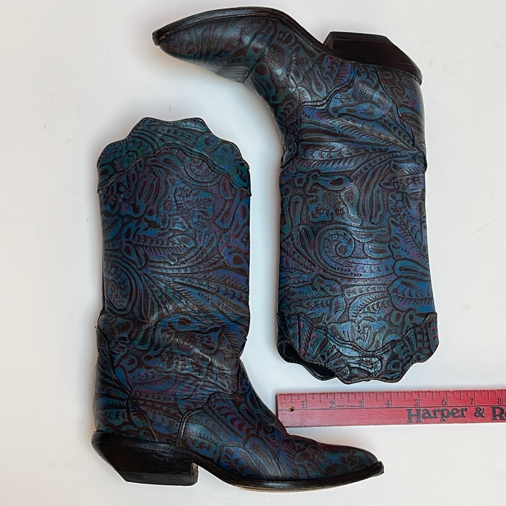 SOLD:  Zodiac Blue Green Magenta Floral Embossed Cowboy Boots Vintage Women's 6 - Picture 3 of 16